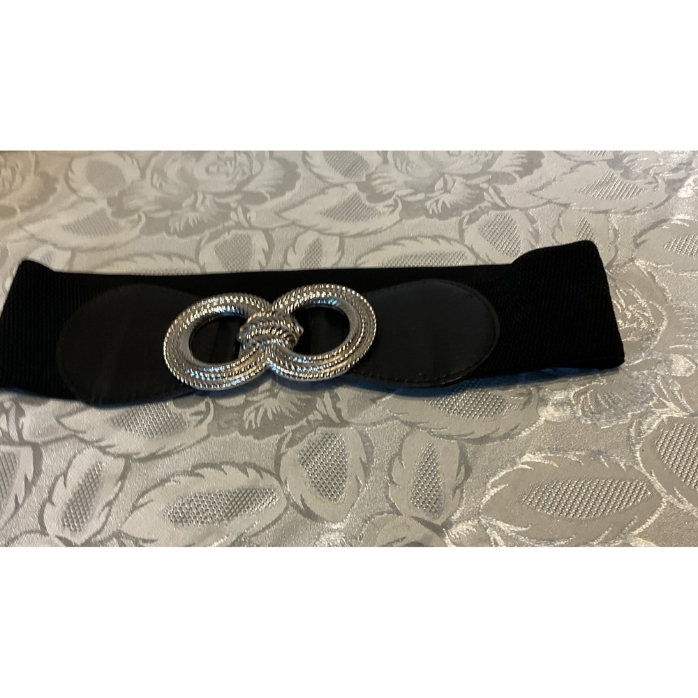 Unbranded Elastic Cinch Belt Womens M Black Excellent Silver Double Ring Buckle - Picture 2 of 7